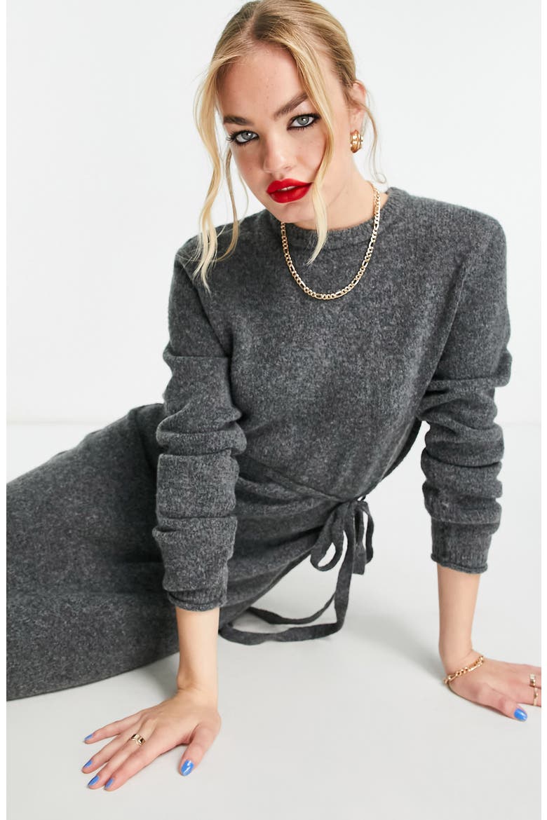 Tie Waist Long Sleeve Midi Sweater Dress, Alternate, color, CHARCOAL