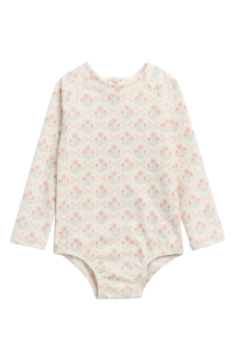 Rylee + Cru Delphine Floral Print One-Piece Rashguard Swimsuit, Main, color, Ivory