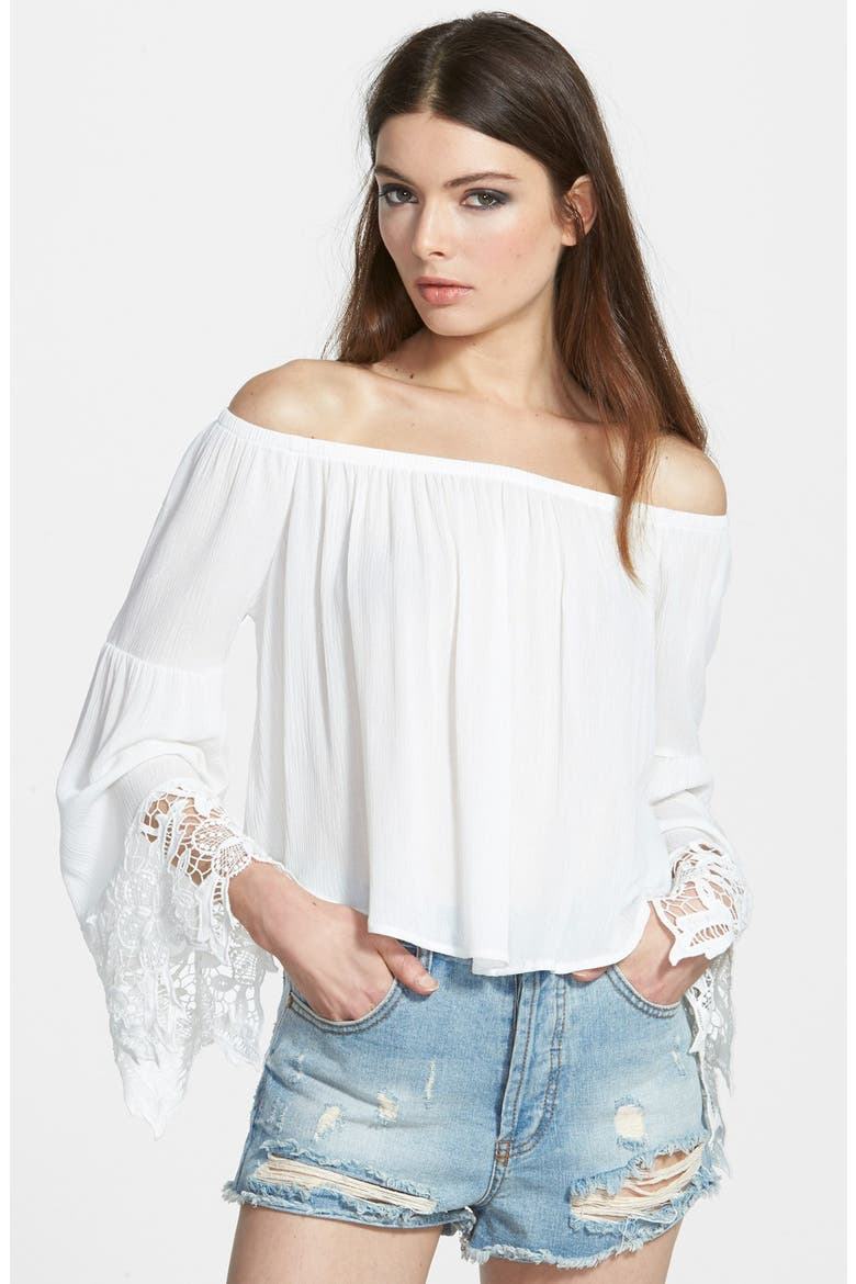 ASTR Off the Shoulder Crochet Top, Main, color, IVORY