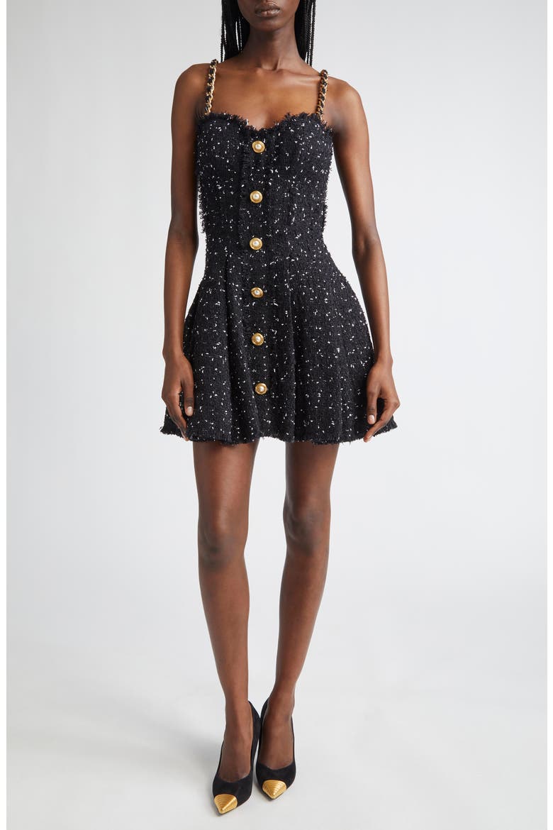 Chain Strap Polka Dot Tweed Fit & Flare Dress, Main, color, BLK/ WHITE