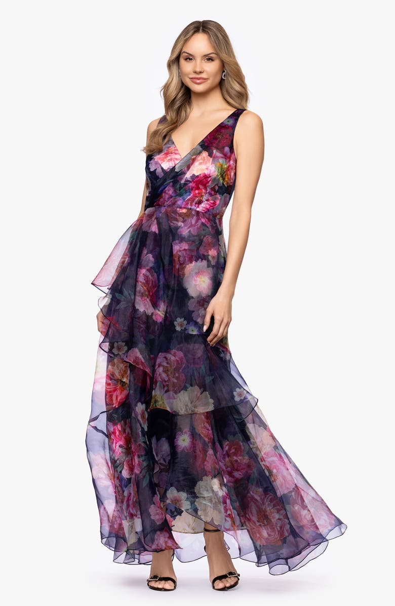 Betsy & Adam Floral Organza Gown, Alternate, color, Navy/ Multi