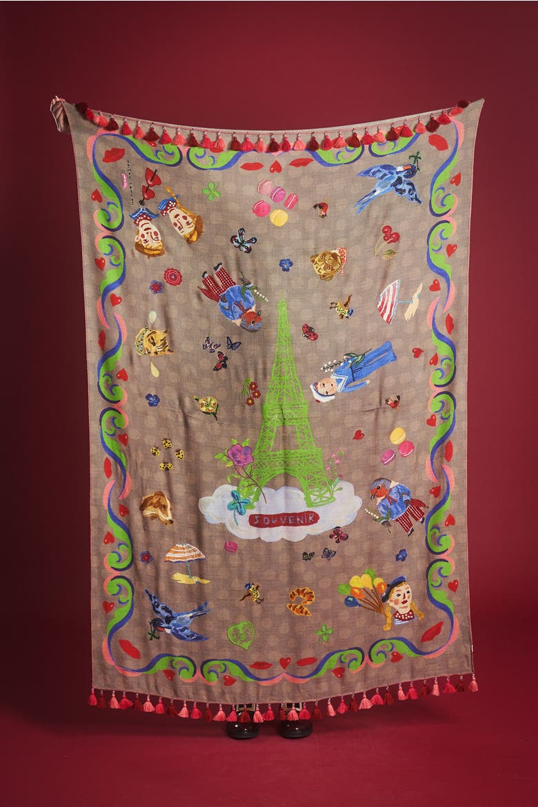 Embroidered scarf with Maison Common Nathalie Lt motifs, Alternate, color, Taupe/Multicolour