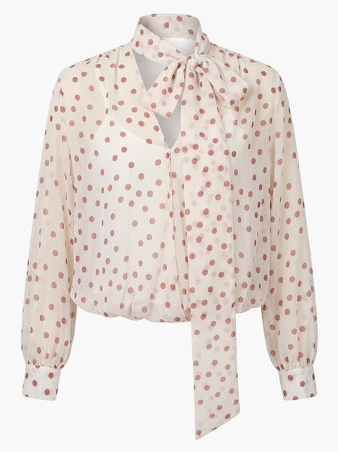 Summer Polka Dot Tie Neck Long Sleeve Blouse
