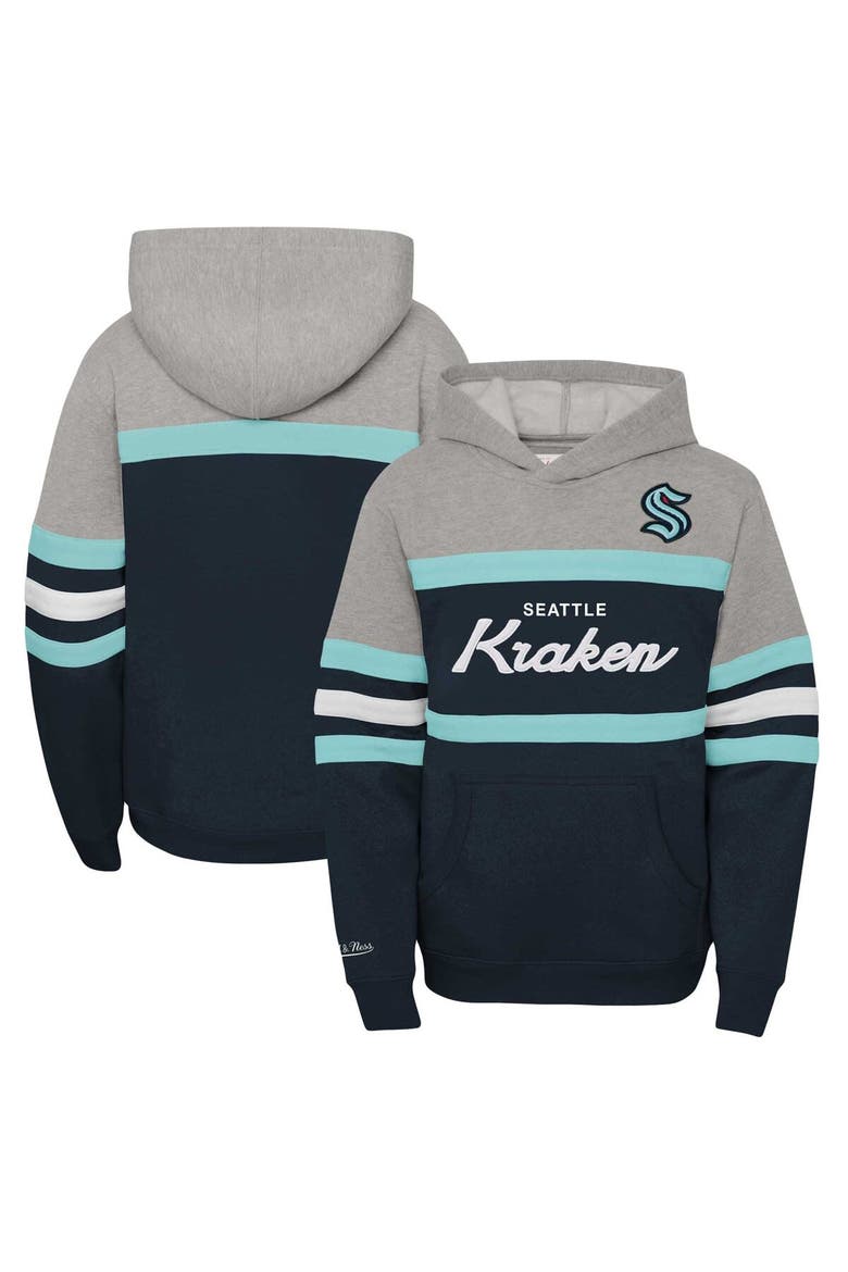 Youth Mitchell & Ness Deep Sea Blue Seattle Kraken Head Coach Pullover Hoodie, Main, color, Navy