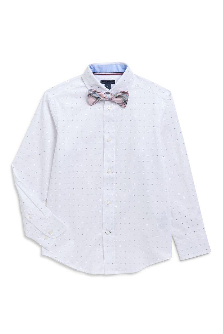 Kids' Geometric Dot Print Stretch Dress Shirt with Bow Tie, Main, color, WHITE