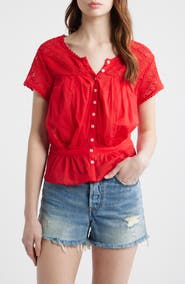 Free People Gemma Embroidered Button-Up Babydoll Top