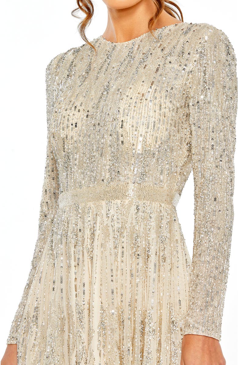 Mac Duggal Sequin High Neck Long Sleeve A Line Dress, Alternate, color, Silver Nude
