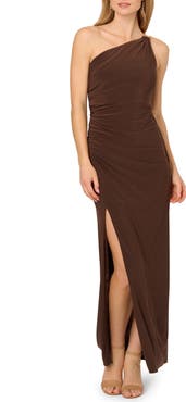Adrianna Papell One-Shoulder Chain Strap Jersey Column Gown