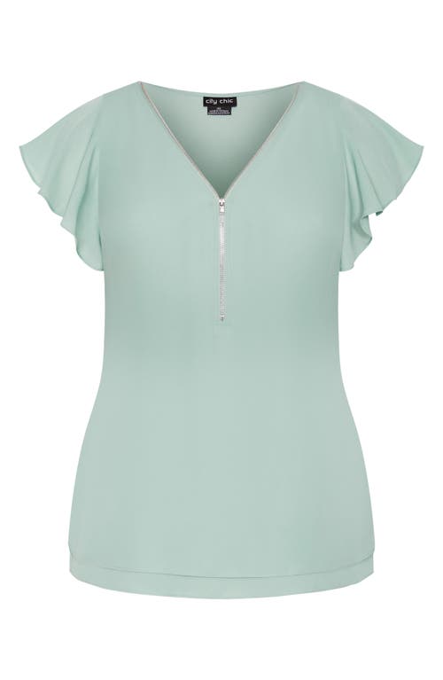 City Chic Florrie Zip Flutter Sleeve Top In Green