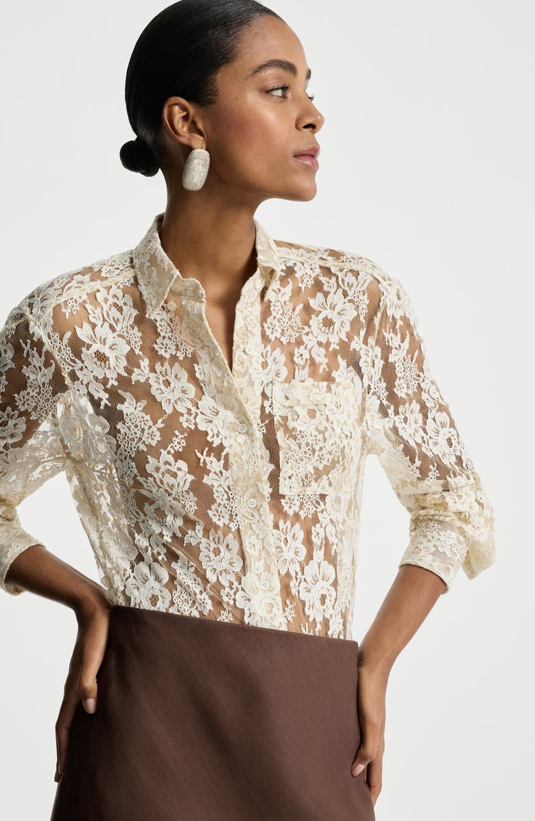 Brunello Cucinelli Flower jacquard lace shirt, Alternate, color, Cream