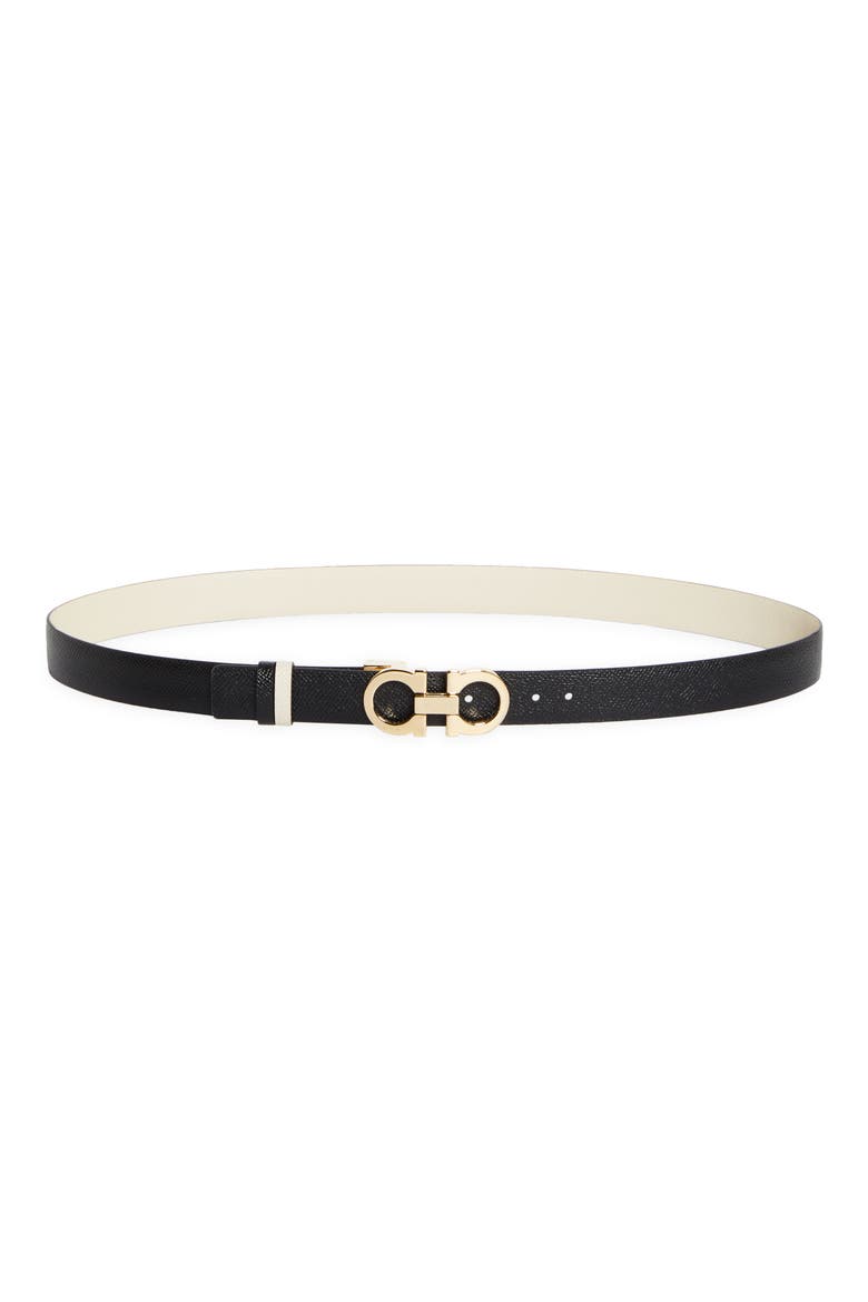 Reversible Gancini Calfskin Leather Belt, Alternate, color, BONE/ NERO