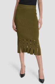 DKNY Grommet Trim Fringe Hem Sweater Midi Skirt