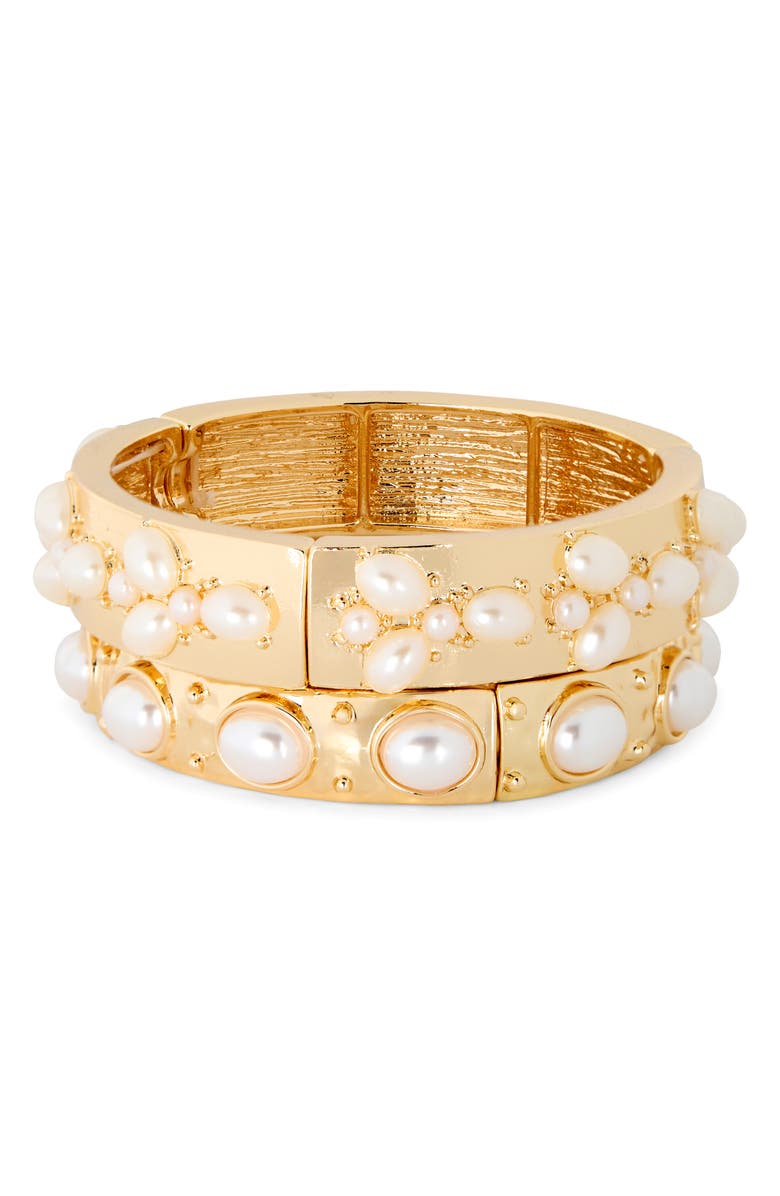 NATASHA 2-Pack Faux Pearl Bangle Bracelets, Main, color, Gold/ Pearl
