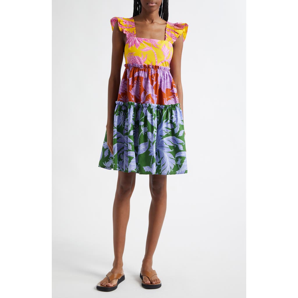 Farm Rio Multicolor Dress With All-over Floral Motif And Ruffled Skirt In Yellow Multi