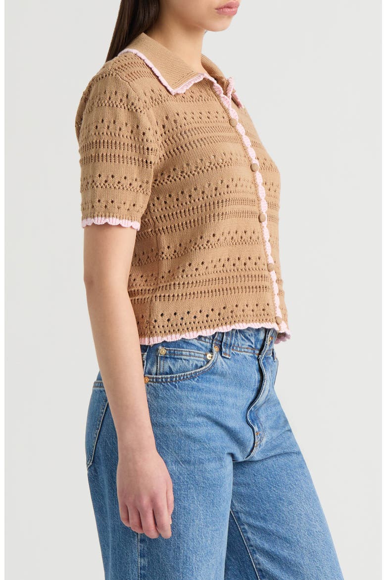 Scalloped Short Sleeve Crochet Cardigan, Alternate, color, CAMEL