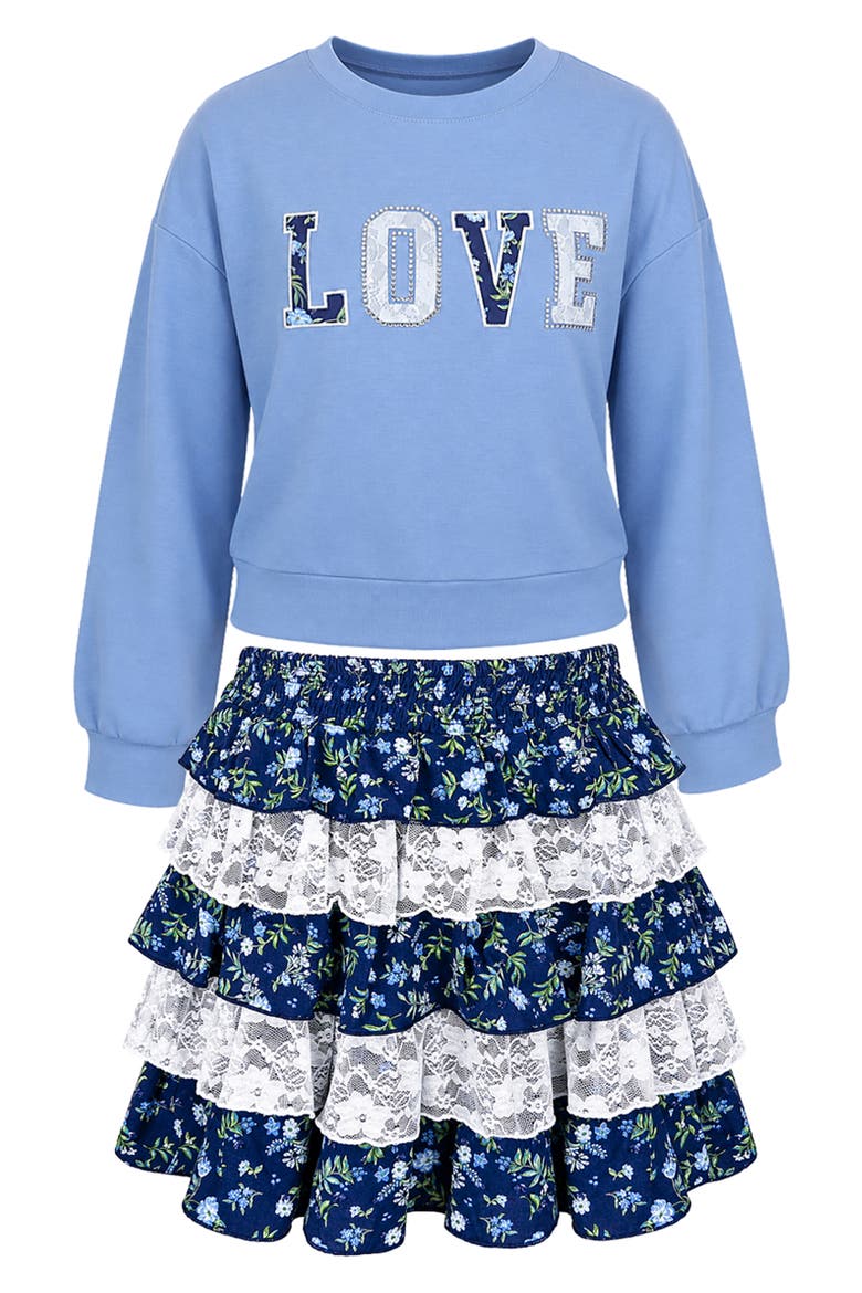 Kids' 2-Piece Top & Tiered Lace Skirt Set, Main, color, BLUE