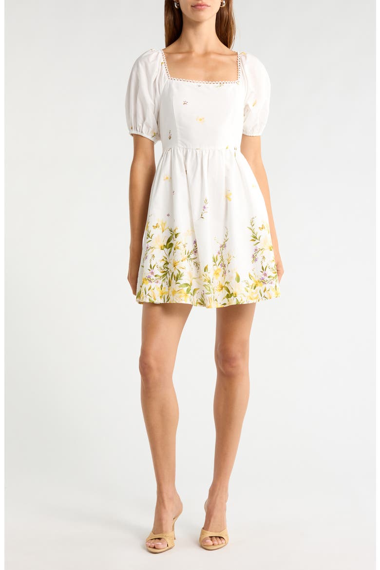 Raina Floral Print Puff Sleeve Flare Dress, Main, color, IVORY-MULTI