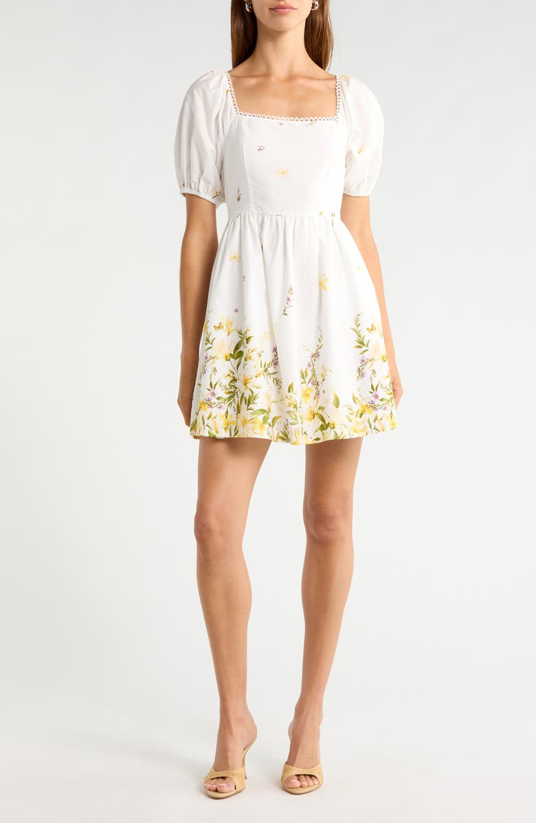 SUGARLIPS Raina Floral Print Puff Sleeve Flare Dress, Main, color, Ivory-Multi