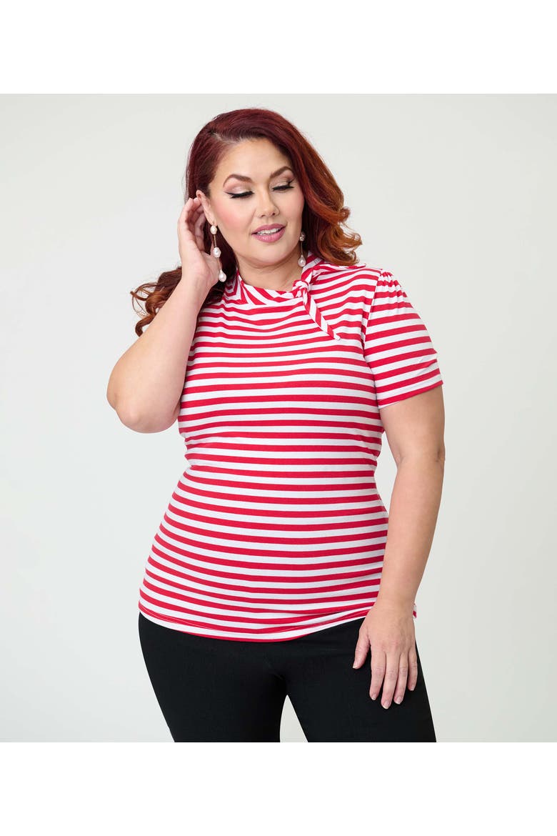 Plus Size Short Sleeve Tie Neck Sweetie Knit Top, Alternate, color, White & Red Stripe