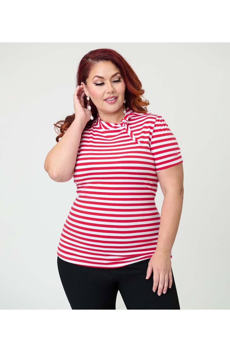 Unique Vintage Plus Size Short Sleeve Tie Neck Sweetie Knit Top, Alternate, color, White & Red Stripe