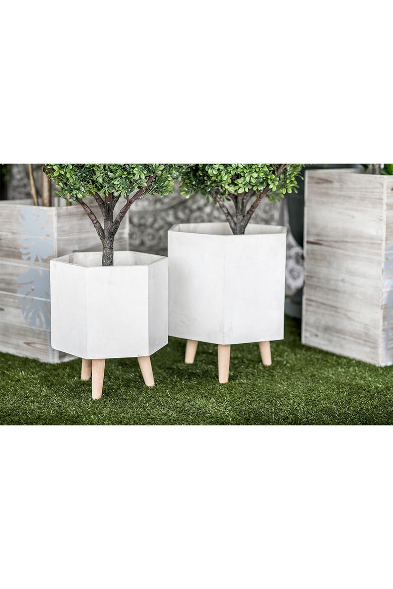 White Magnesium Oxide Contemporary Planter with Wood Legs - Set of 2, Alternate, color, WHITE