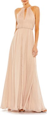 Ieena for Mac Duggal Chain Trim Keyhole Halter Neck A Line Gown