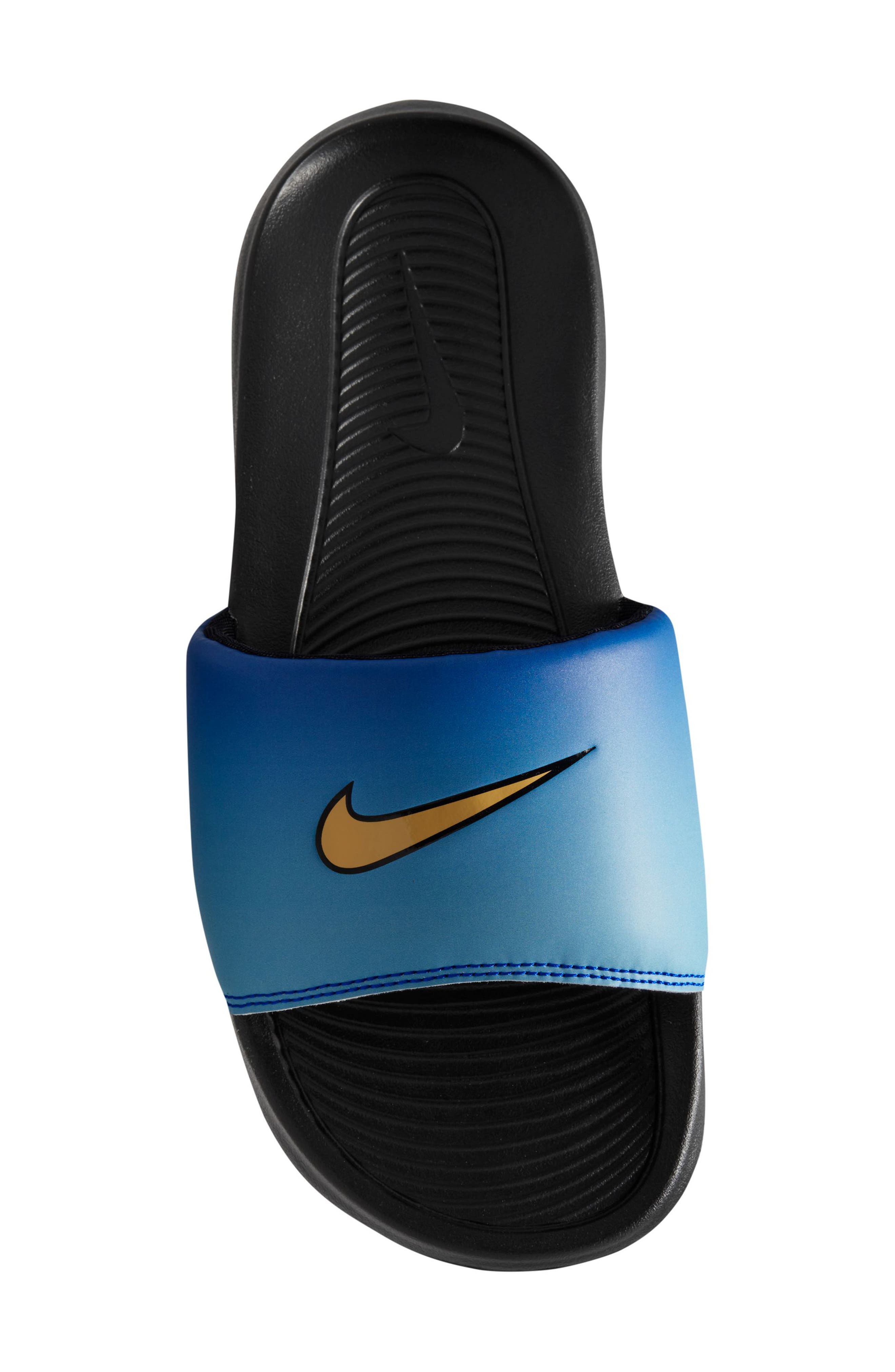 Nike Victori One Slide Sandal, Alternate, color, Hyper Blue/ Chamois/ Sky Blue