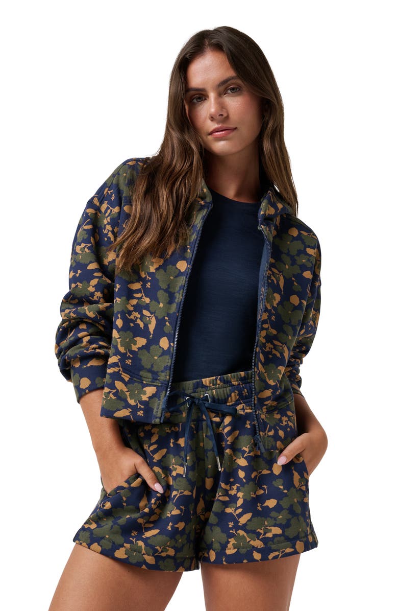 TravisMathew Cloud Stellar Drawstring Fleece Shorts, Alternate, color, Navy Blazer Floral Multi