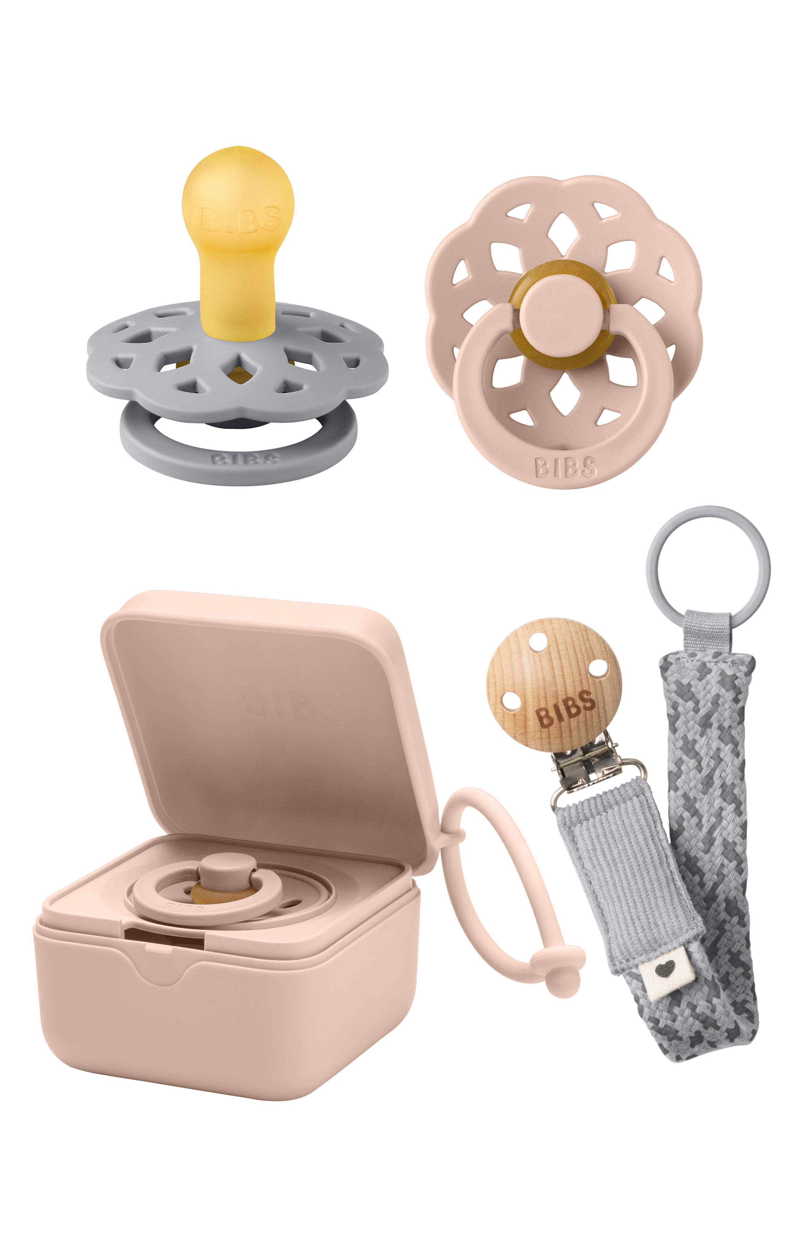 BIBS Pacifer, Pacifier Box & Pacifier Clip Set in Cloud/Blush/Iron 