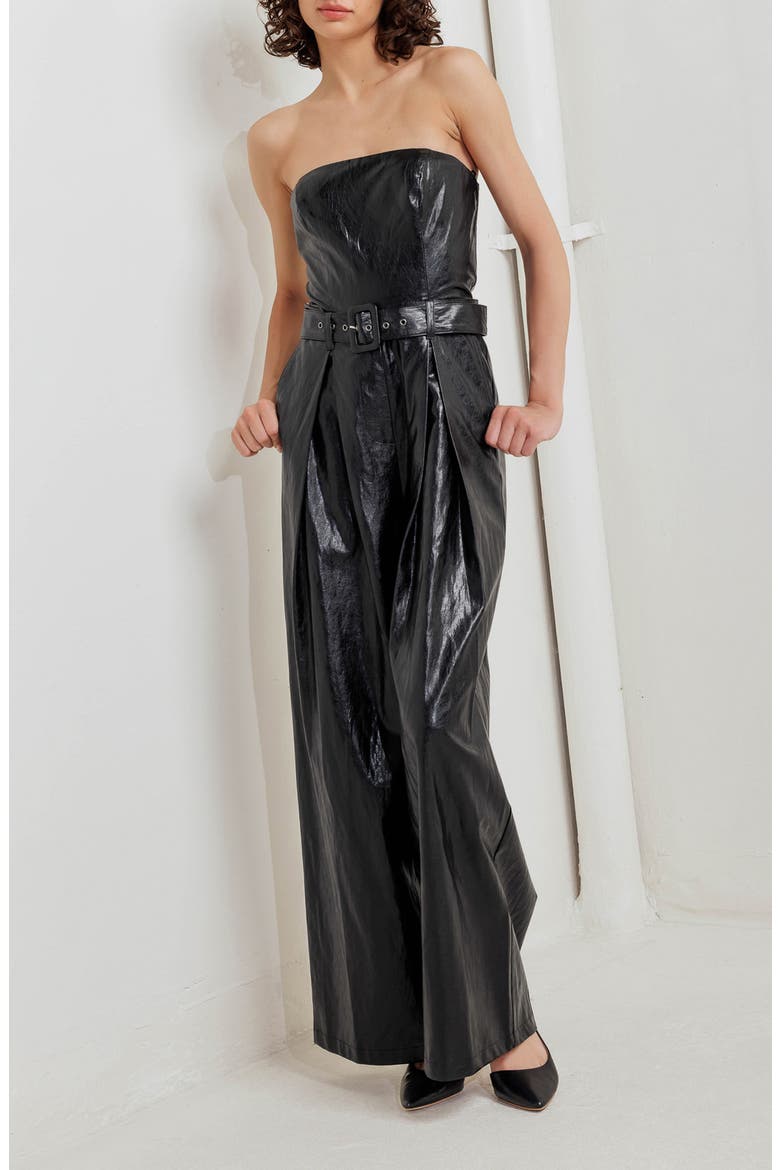 Faux Leather Strapless Belted Jumpsuit, Alternate, color, BLACK