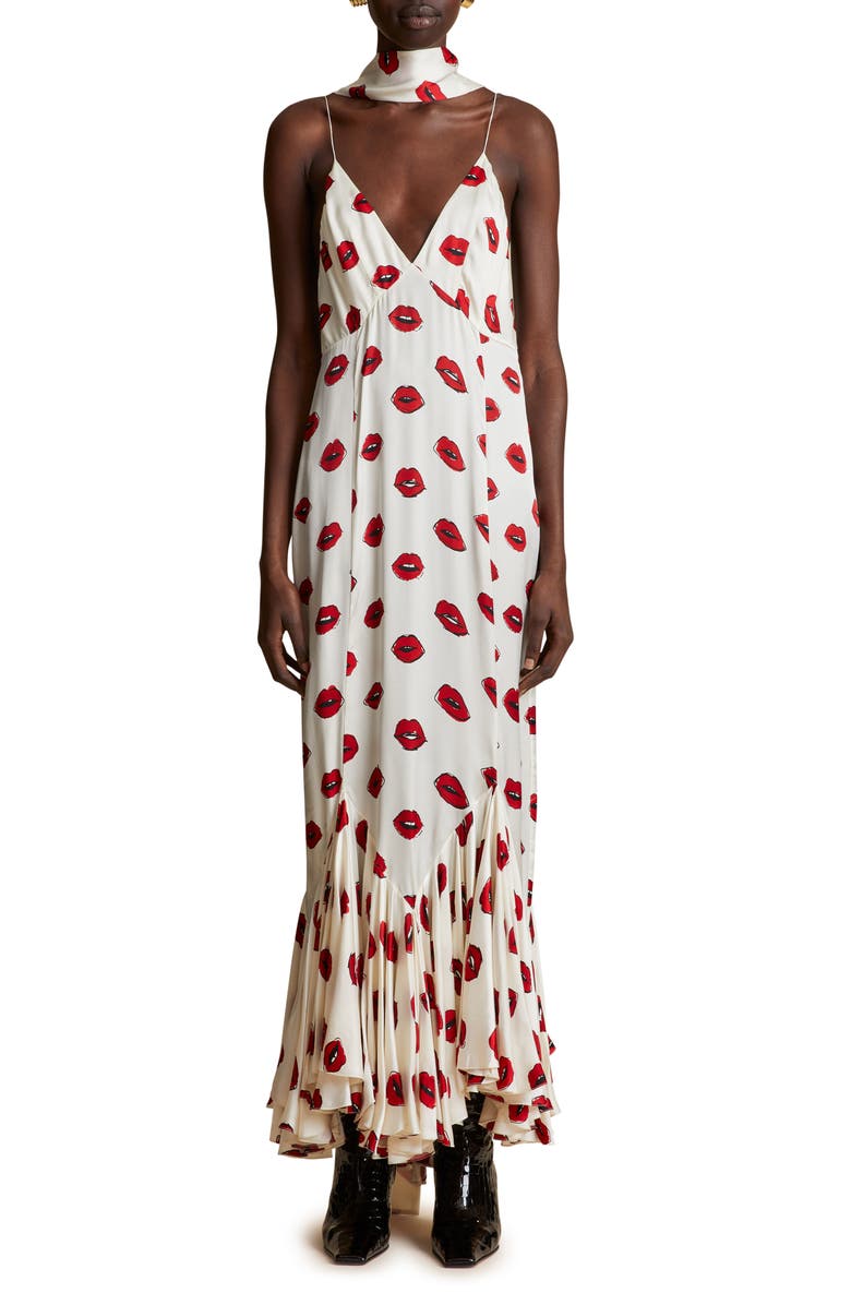 Khaite Candita Kiss Print Cupro Maxi Dress & Scarf, Main, color,