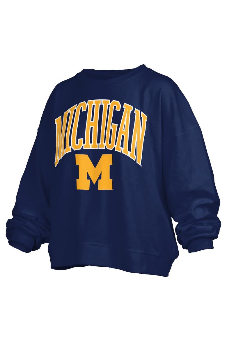Women's Pressbox Navy Michigan Wolverines Janise Arch Over Logo Waist Length Oversized Pullover Sweatshirt, Alternate, color, Navy