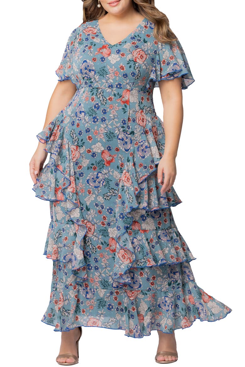 Tour de Flounce Tiered Maxi Dress, Main, color, BLUE GARDEN PRINT