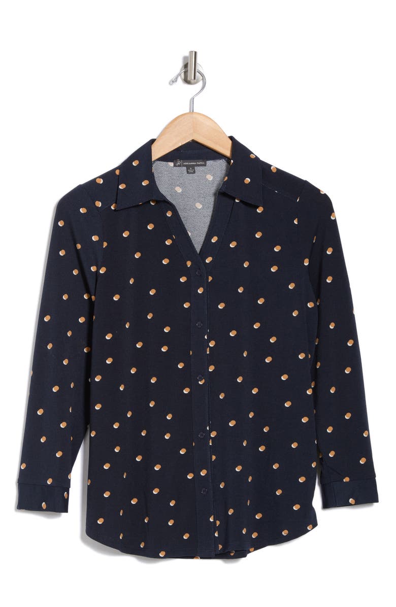 Adrianna Papell Moss Crepe Button Front Shirt, Alternate, color, Navy/Khaki Double Dot