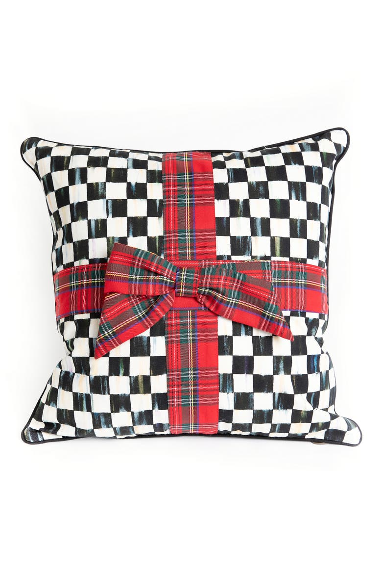 Courtly Check Tartan Bow Accent Pillow, Main, color, BLACK
