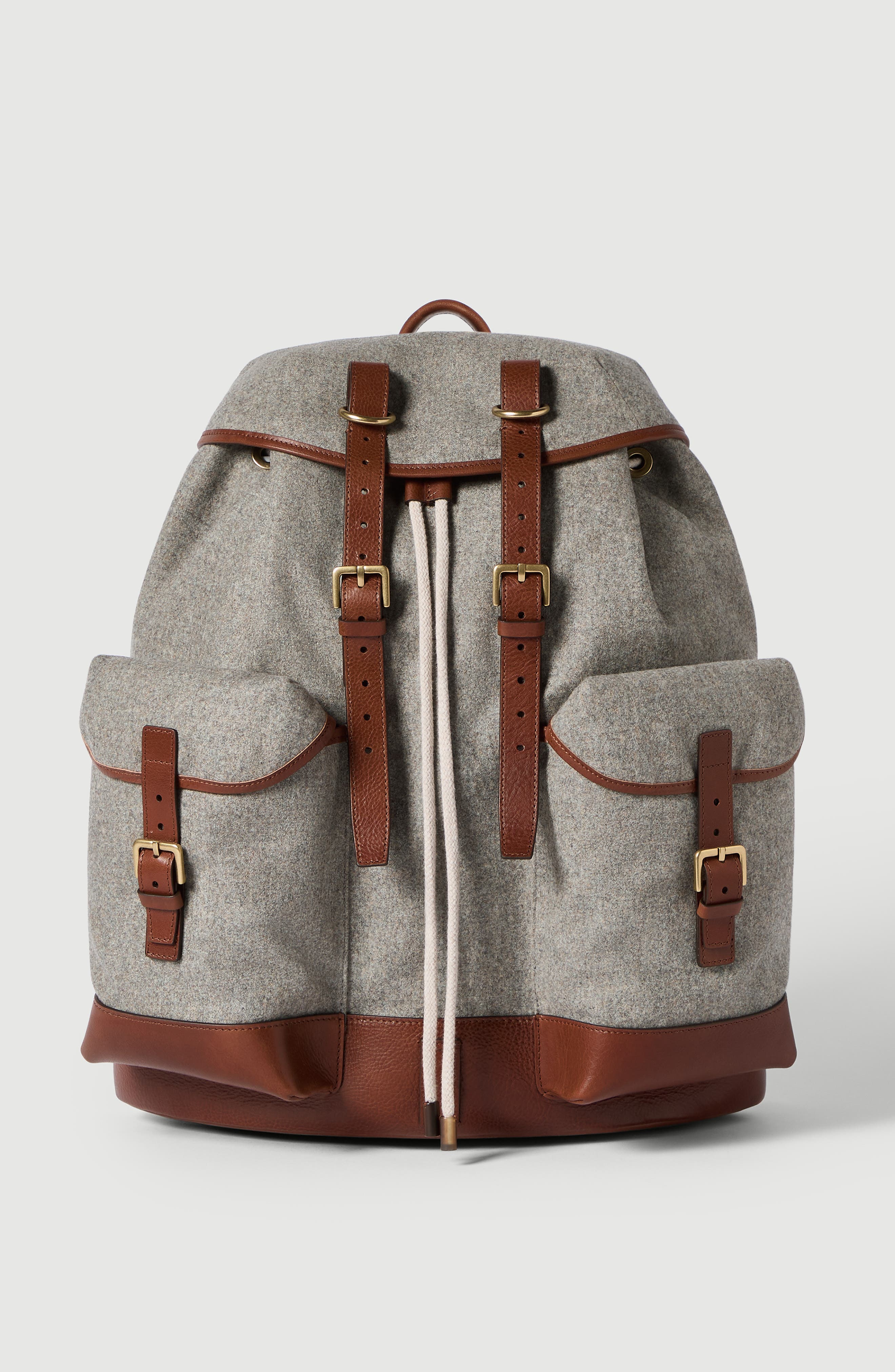 Brunello Cucinelli Virgin wool, alpaca and cashmere flannel   field backpack with grained calfskin inserts, Main, color, Medium Grey