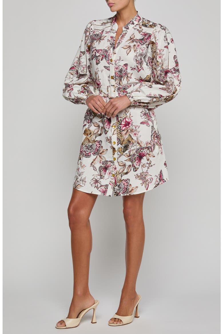 Kiersten Butterfly & Floral Print Long Sleeve Linen Blend Shirtdress, Alternate, color, WHITE MULTI BUTTERFLY JUNGLE