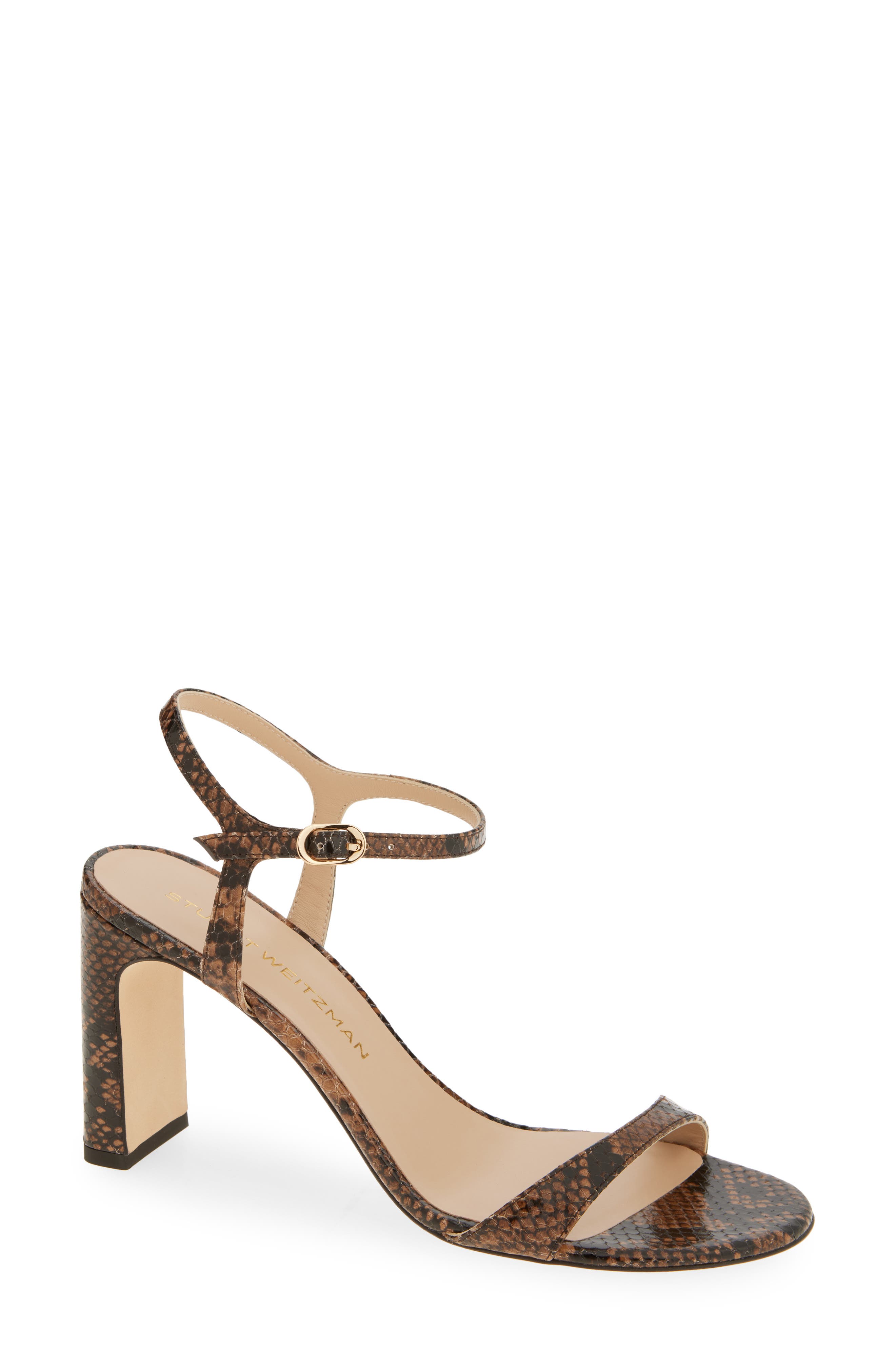 Stuart Weitzman Babette 85 Snakeskin Embossed Leather Ankle Strap Sandal, Main, color, Espresso