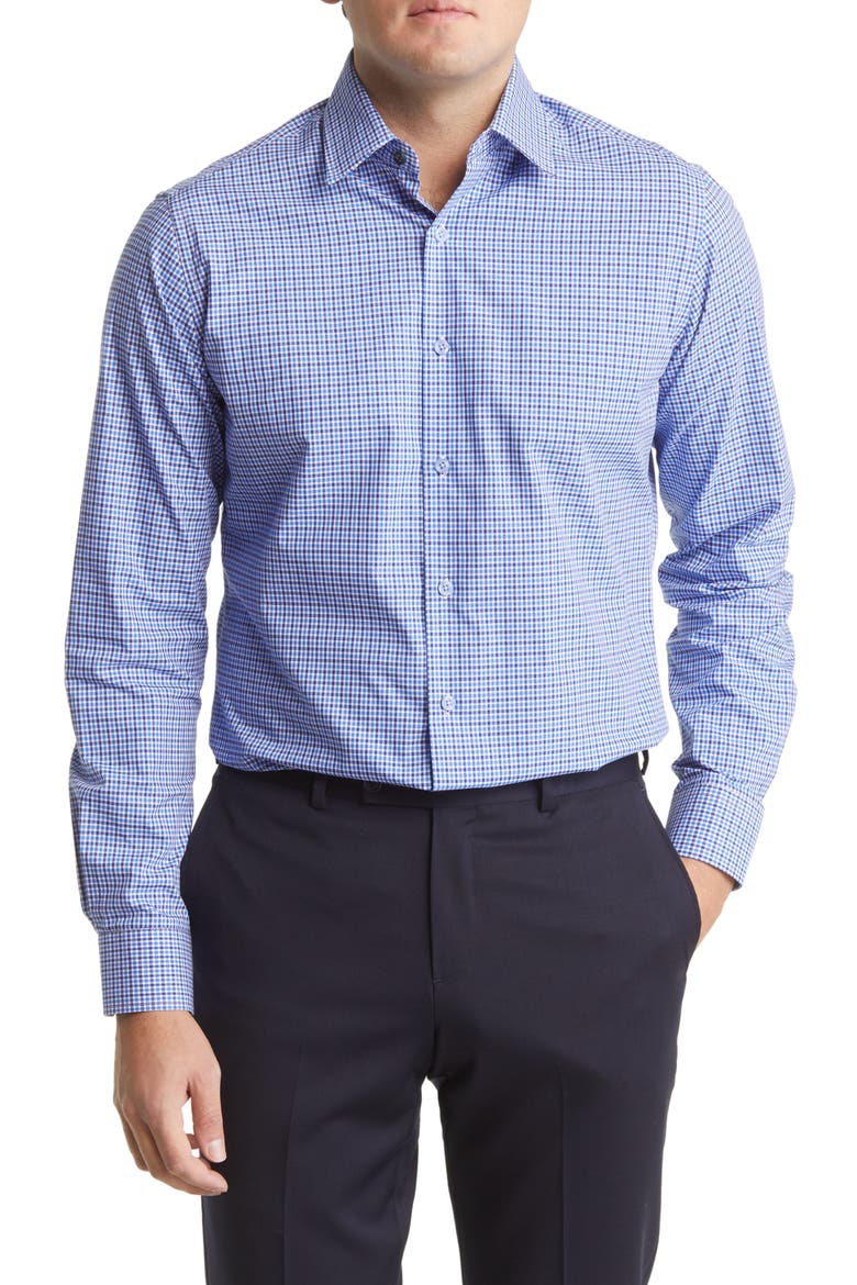 Plaid Print Long Sleeve Tailored Fit Dress Shirt, Main, color, NAVY