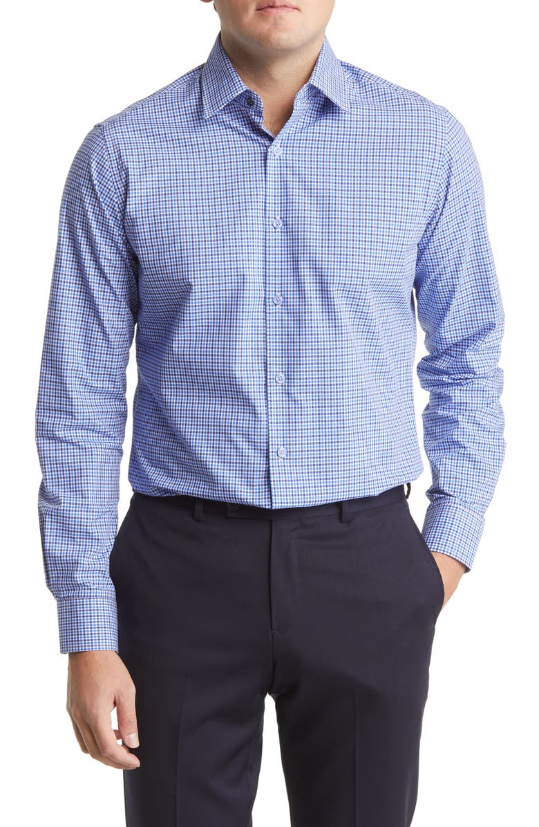 Duchamp Plaid Print Long Sleeve Tailored Fit Dress Shirt, Main, color, Navy