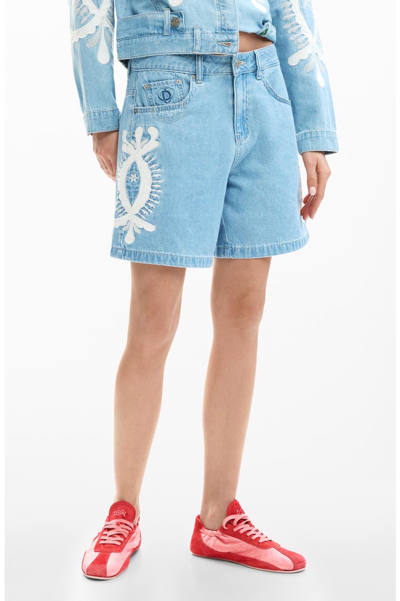 Appliqué High Waist Denim Shorts, Main, color, MEDIUM BLUE