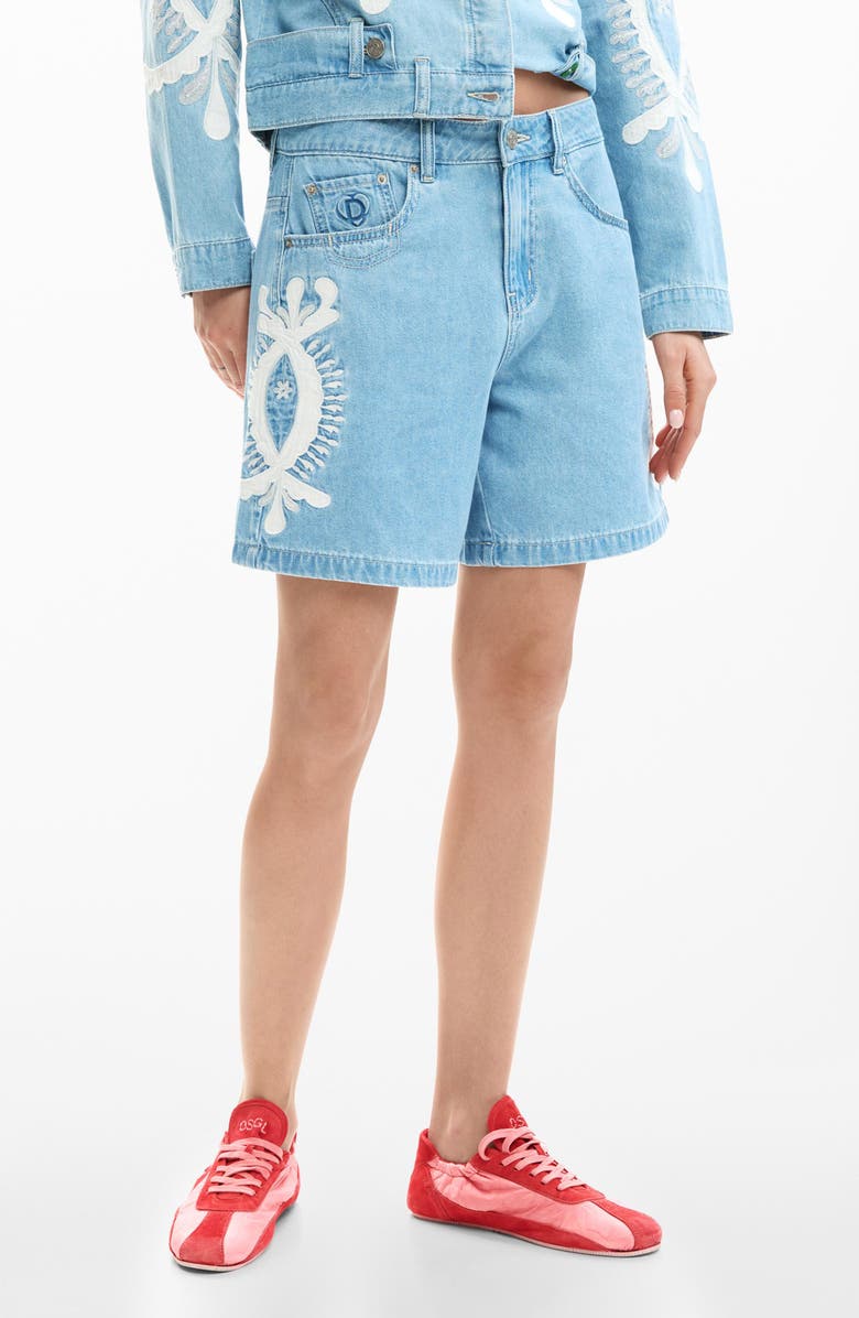 Desigual Appliqué High Waist Denim Shorts, Main, color, Medium Blue