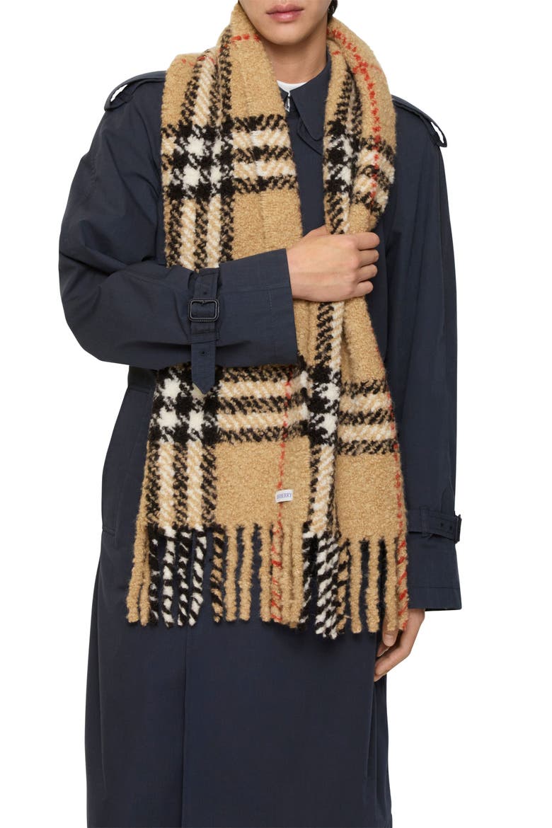 Check Alpaca & Wool Blend Bouclé Fringe Scarf, Alternate, color, SAND