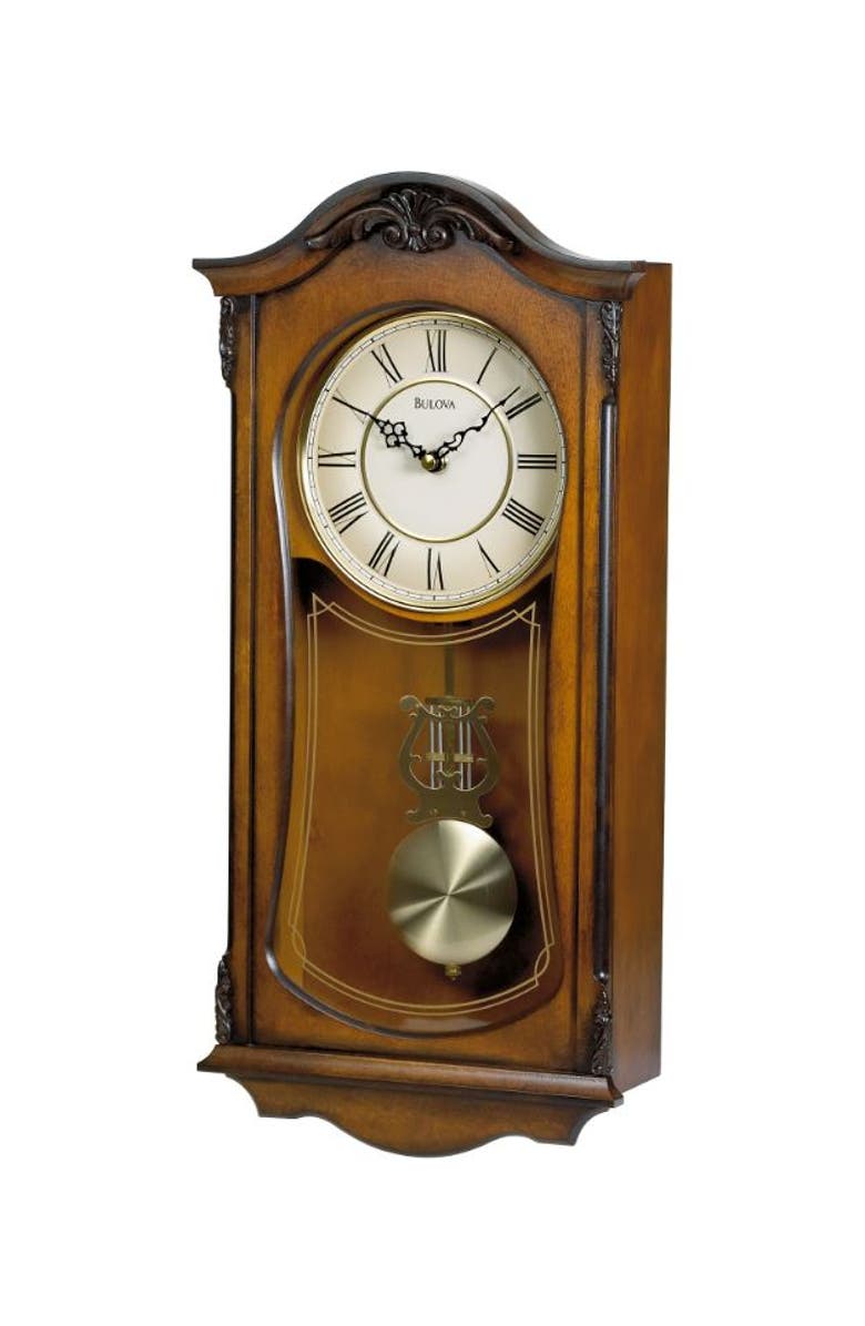Bulova Clocks Cranbrook Wall Mount Analog Wooden Chiming, Brown, Main, color, Brown