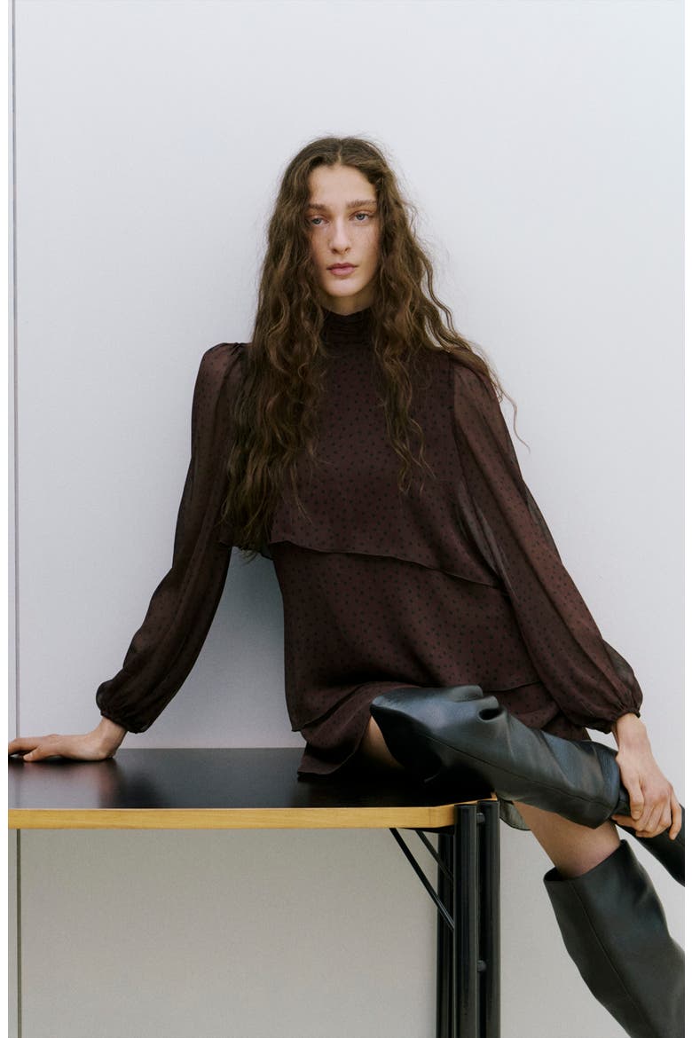 Dot Ruffle Long Sleeve Minidress, Alternate, color, BROWN