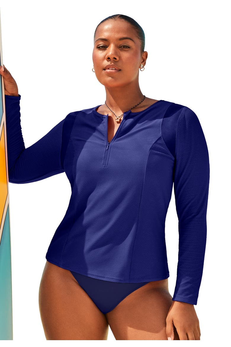 Chlorine Resistant Quick-Dry 1/4 Zip Front Long Sleeve Swim Rash Guard, Main, color, Deep Sea