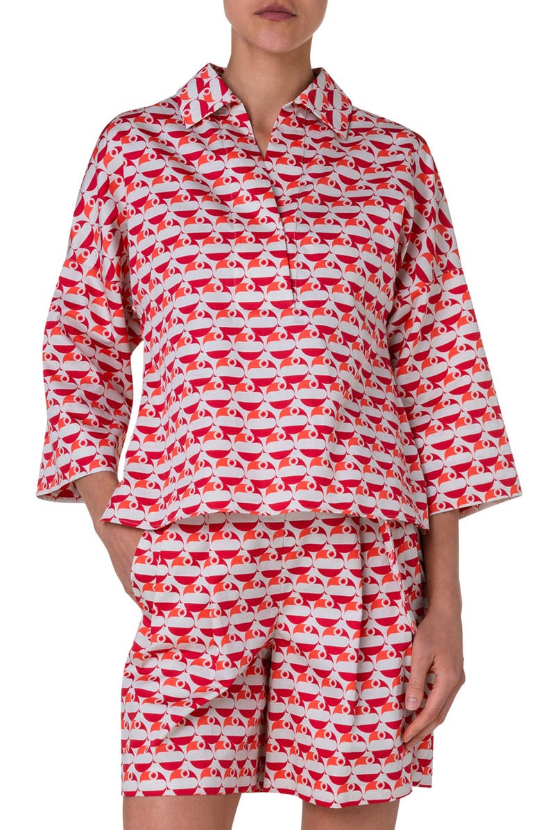 Akris punto Flamingo Dot Print Cotton Satin Shirt, Main, color, 