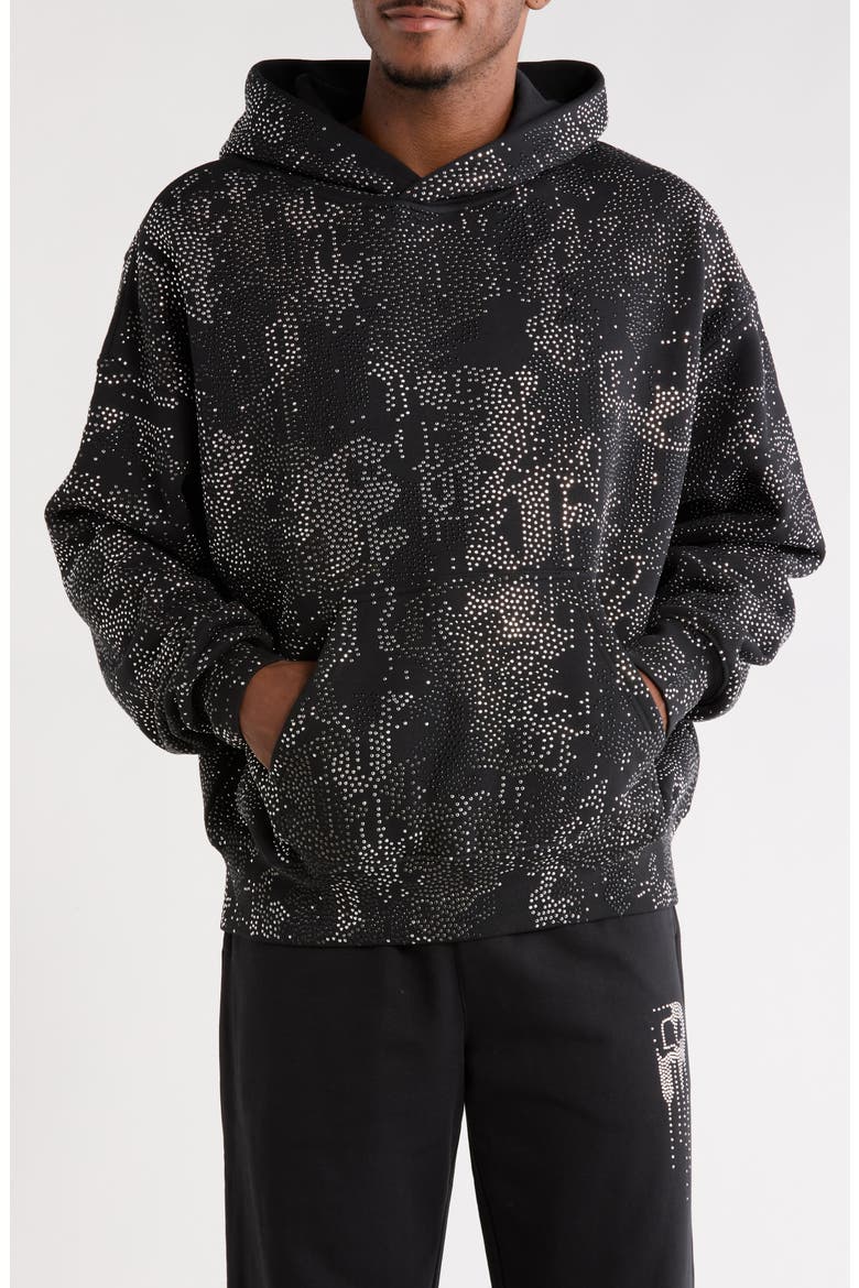 Studded Camo Cotton Fleece Hoodie, Main, color, BLACK