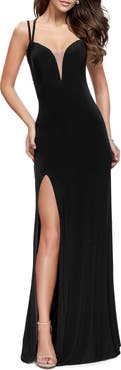 La Femme Long Classic Prom Dress with Side Leg Slit and Deep V