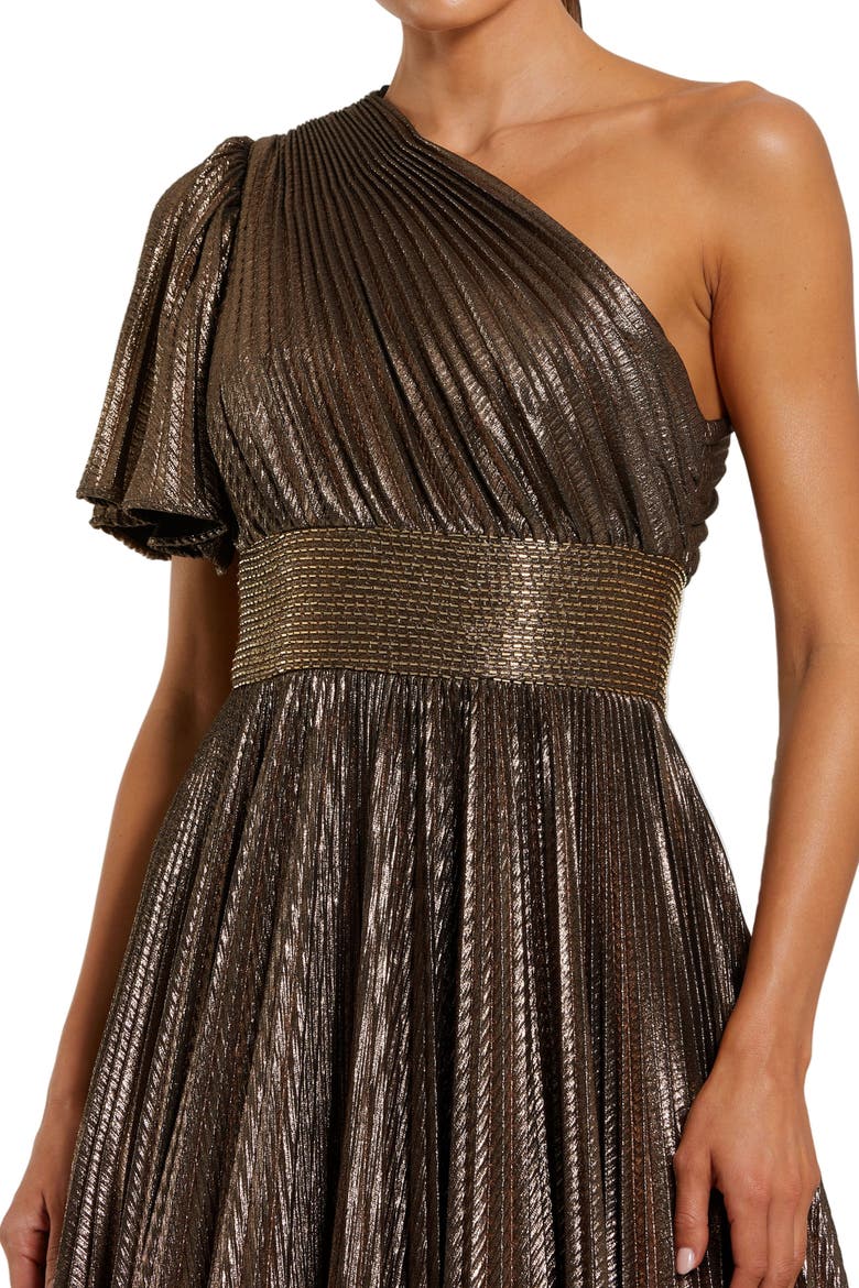 One Shoulder Pleated Metallic Ballgown, Alternate, color, Bronze